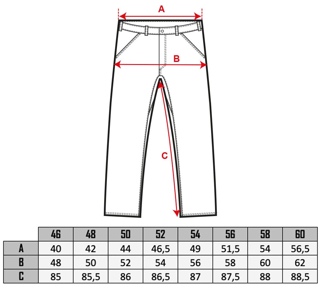 Active Stretch Outdoor pants size table 